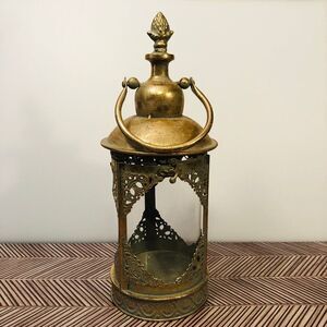 Decorative Lantern Round Gold Tone Metal Glass 15" w/ Handle Christmas Decor